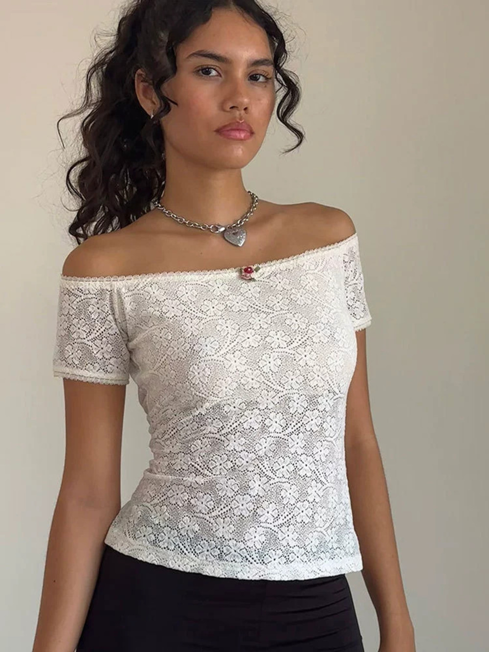 Zara Solid Color Floral Lace Off Shoulder Backless Top
